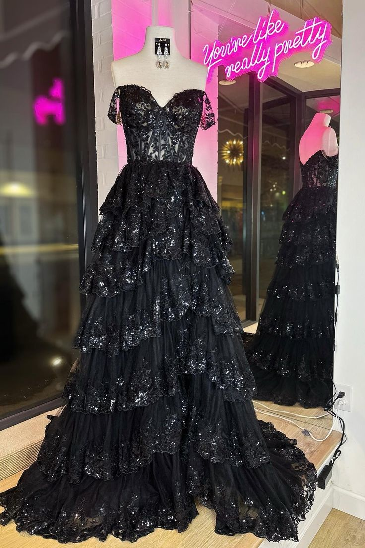 Off The Shoulder Black Tiered Long Prom Dress SP824