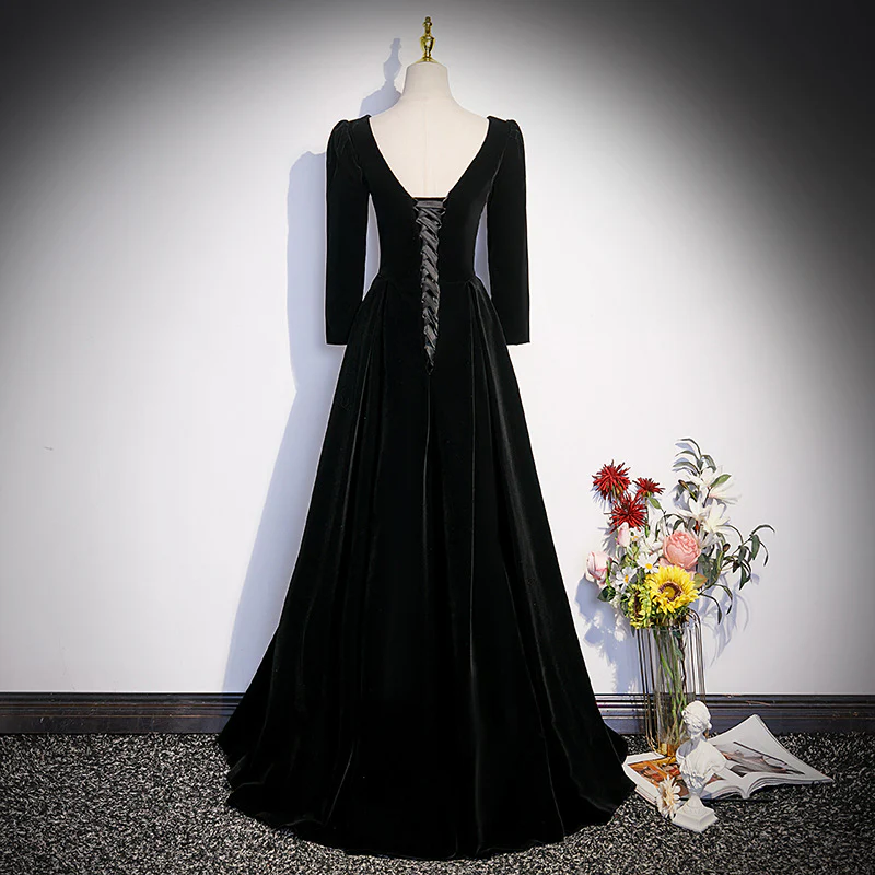 Black Velvet A Line Prom Dress Elegant Deep V Neck Evening Dress SP565