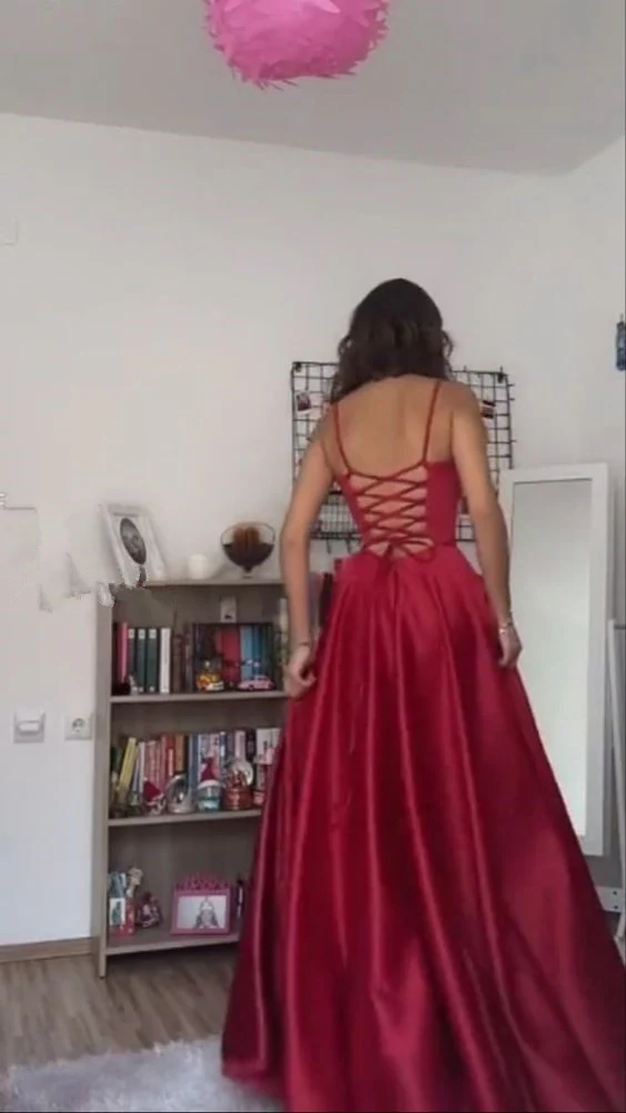 Spaghetti Straps A Line Red Long Prom Dresses SP804