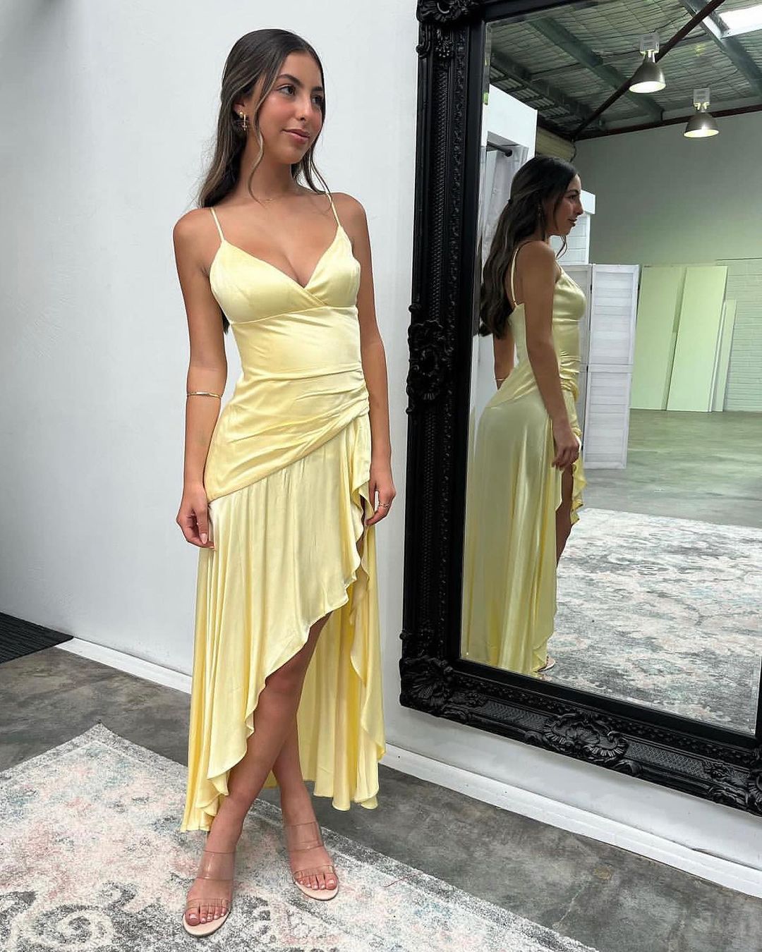 Spaghetti Straps V Neck Yellow Long Prom Dress A Line Formal Party Dress SP3