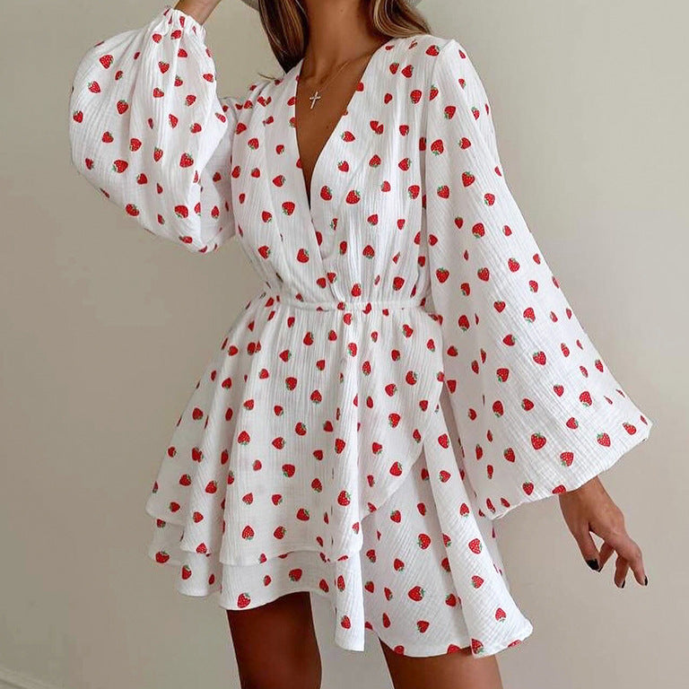 Autumn Strawberry Print A Line Long Sleeve Miniskirt V Neck Lantern Sleeve Dress S8