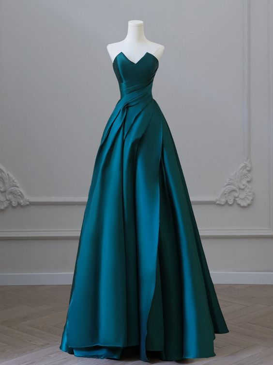 Strapless Green Satin Long Prom Dress Formal Party Dress SP484