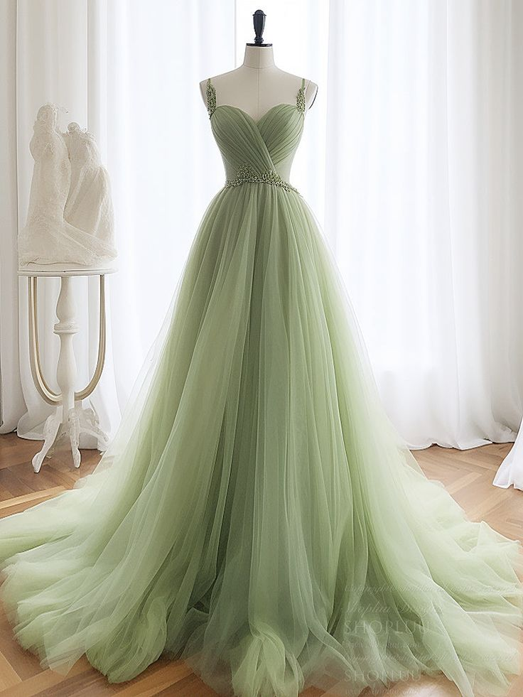 A Line Green Tulle Long Prom Dress Birthday Party Dress SP485