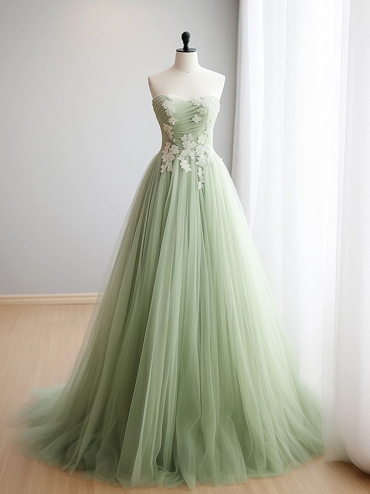 Strapless Green Tulle Long Prom Dress Birthday Party Dress SP486