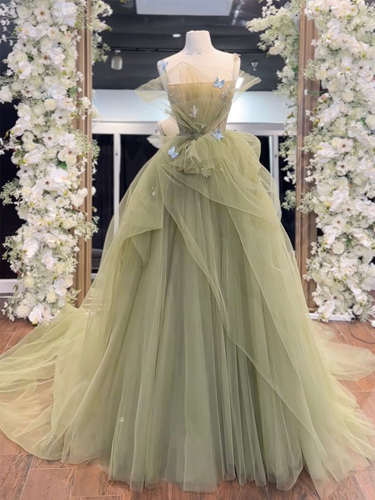 A Line Green Tulle Long Prom Dress Birthday Party Dress SP487