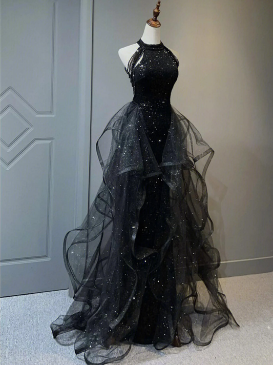 A Line Black Shiny Long Prom Dress Formal Party Gown SP503