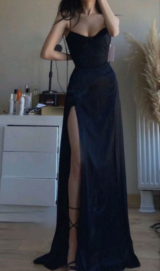 Simple A line Straps Party Dresses Black Long Slit Prom Dresses SP620