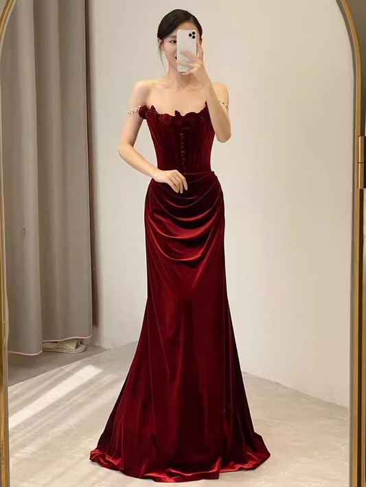 Mermaid Strapless Red Velvet Long Prom Dress SP638