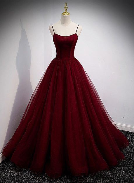 Wine Red Tulle Straps Long Evening Dress Party Dress Formal Prom Dress SP669