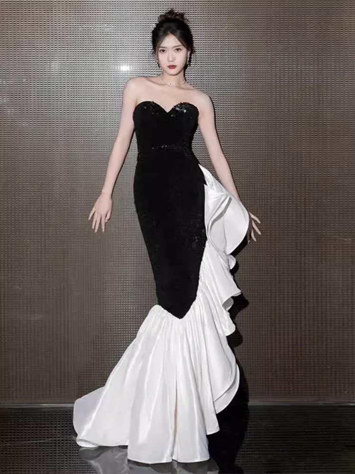 Mermaid Sweetheart Black Satin Prom Dress Long Prom Dresses SP672