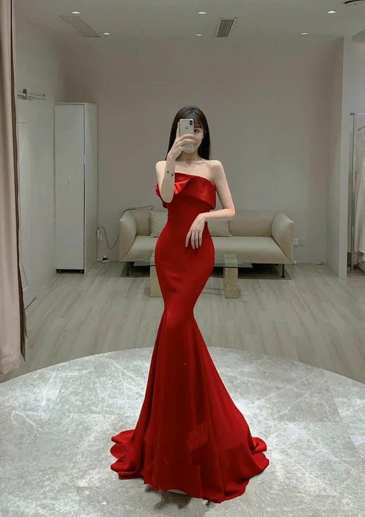 Mermaid Red Prom Dress Satin Long Evening Dress SP675