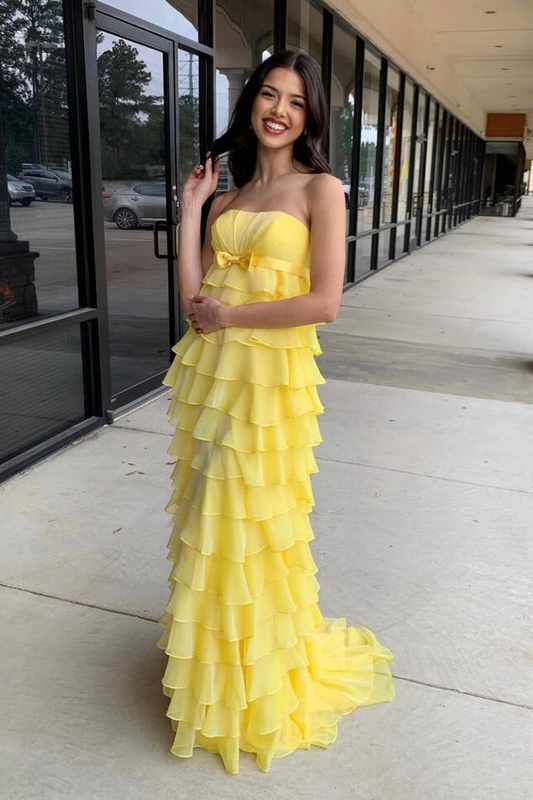 Strapless Yellow Chiffon Tiered Ruffles Long Party Dress SP698