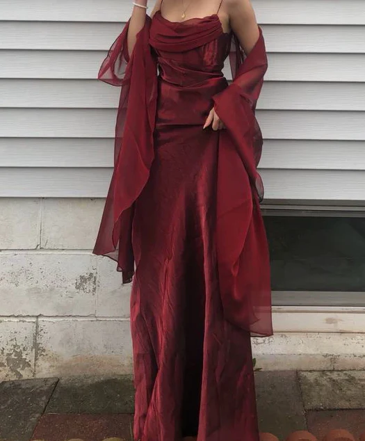 Spaghetti Straps Burgundy Long Prom Dress SP867